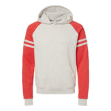 97CR JERZEES Nublend® Varsity Colorblocked Raglan Hooded Sweatshirt Oatmeal Heather/ Fiery Red Heather