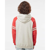 97CR JERZEES Nublend® Varsity Colorblocked Raglan Hooded Sweatshirt Oatmeal Heather/ Fiery Red Heather