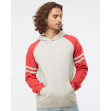 97CR JERZEES Nublend® Varsity Colorblocked Raglan Hooded Sweatshirt Oatmeal Heather/ Fiery Red Heather