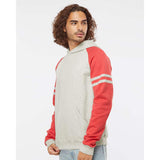 97CR JERZEES Nublend® Varsity Colorblocked Raglan Hooded Sweatshirt Oatmeal Heather/ Fiery Red Heather