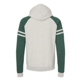 97CR JERZEES Nublend® Varsity Colorblocked Raglan Hooded Sweatshirt Oatmeal Heather/ Forest Green Heather