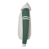 97CR JERZEES Nublend® Varsity Colorblocked Raglan Hooded Sweatshirt Oatmeal Heather/ Forest Green Heather