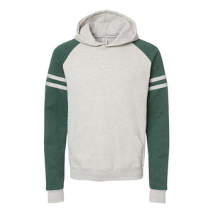 97CR JERZEES Nublend® Varsity Colorblocked Raglan Hooded Sweatshirt Oatmeal Heather/ Forest Green Heather