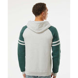 97CR JERZEES Nublend® Varsity Colorblocked Raglan Hooded Sweatshirt Oatmeal Heather/ Forest Green Heather