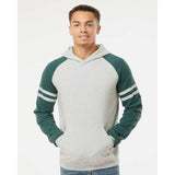 97CR JERZEES Nublend® Varsity Colorblocked Raglan Hooded Sweatshirt Oatmeal Heather/ Forest Green Heather