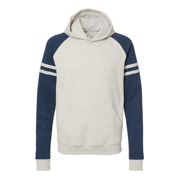 97CR JERZEES Nublend® Varsity Colorblocked Raglan Hooded Sweatshirt Oatmeal Heather/ Indigo Heather