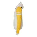 97CR JERZEES Nublend® Varsity Colorblocked Raglan Hooded Sweatshirt Oatmeal Heather/ Mustard Heather