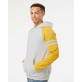 97CR JERZEES Nublend® Varsity Colorblocked Raglan Hooded Sweatshirt Oatmeal Heather/ Mustard Heather