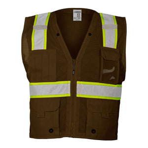 B100-111 Kishigo EV Series® Enhanced Visibility Multi-Pocket Mesh Vest Brown/ Lime - B108